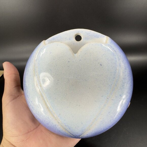 Hand Crafted Stoneware Pottery Wall Pocket Vase Blue Heart Shaped Vessel Decor - Picture 16 of 16